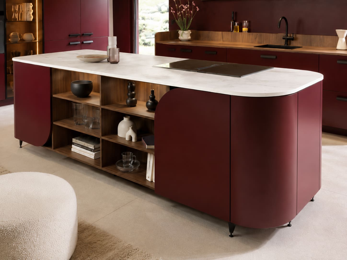 Oxide-red bespoke kitchen island with curved ends and walnut shelving