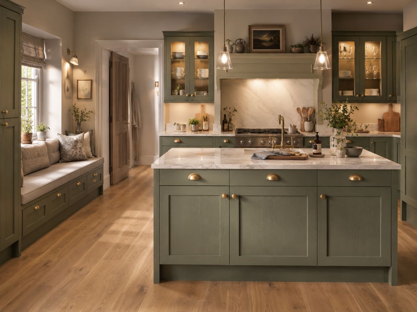 Olive green bespoke kitchen with marble island and glazed cabinets