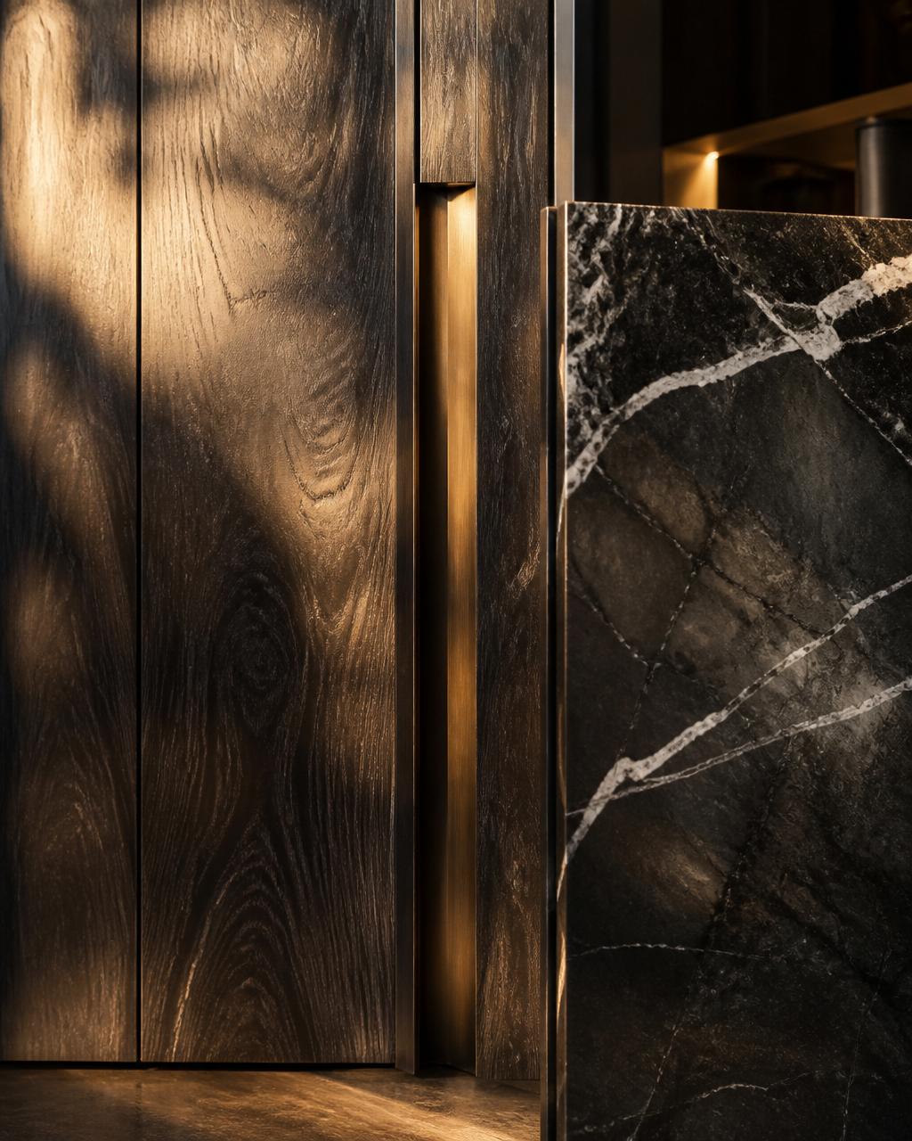Smoked oak and matte basalt cabinet detail with hidden reveal joint